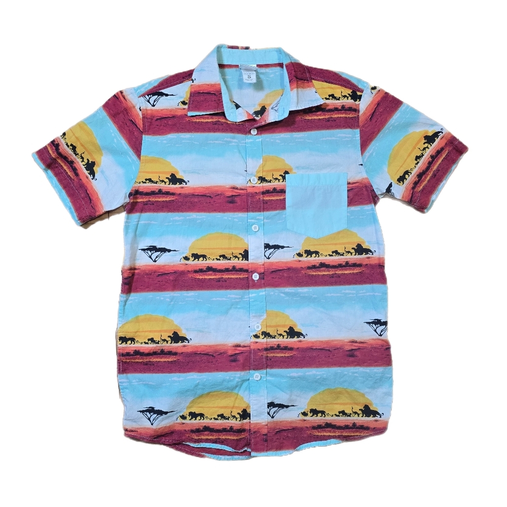 Disney The Lion King Button Camp Shirt Mens Small Colorful All Over Print Pocket